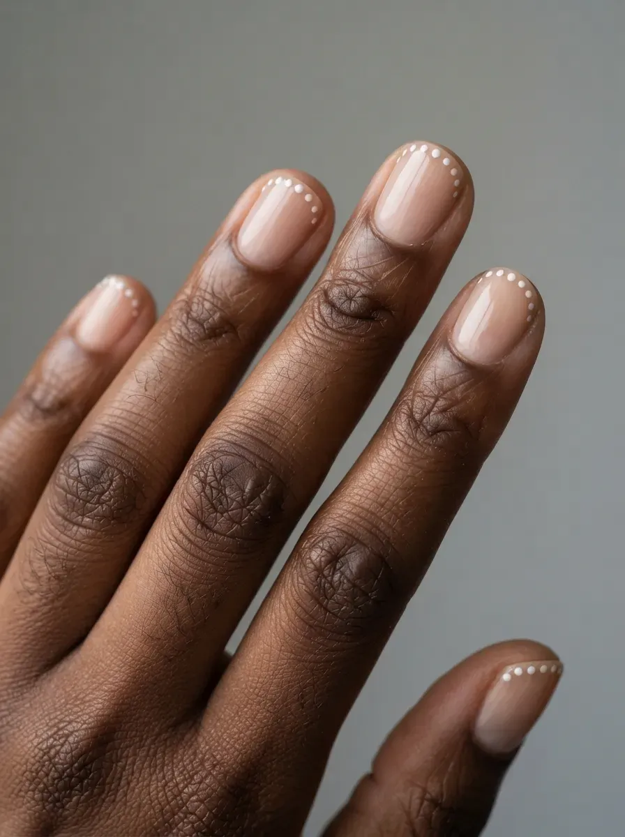 Close-up of short nude nails with white polka dots along tips