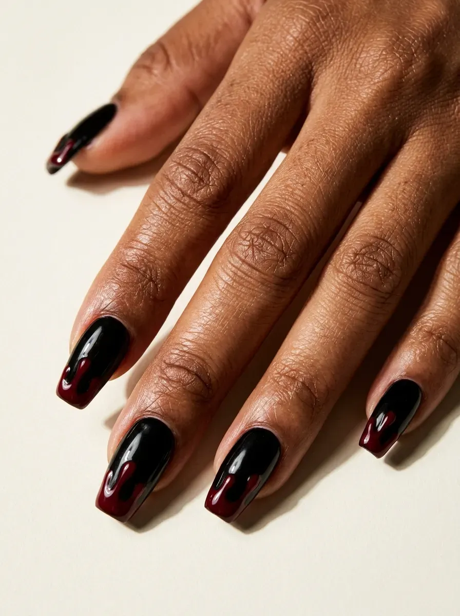 Black and deep red ombre nails with glossy Halloween-inspired finish