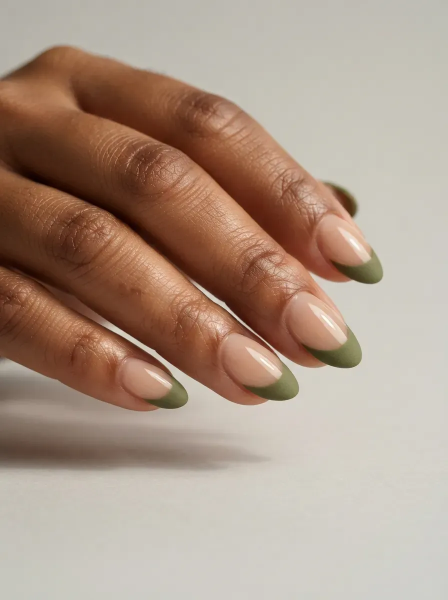 Medium oval nails with alternating rust and burgundy French tips