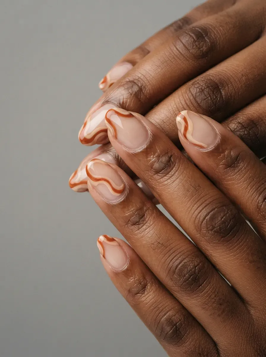 Short almond nails with rust and cream swirl French tips on rich dark skin