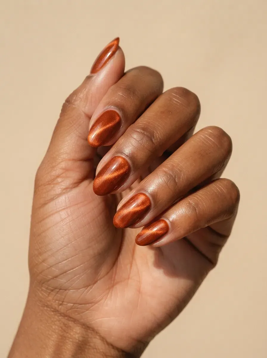 Rust orange nails with glowing copper magnetic cat-eye highlights