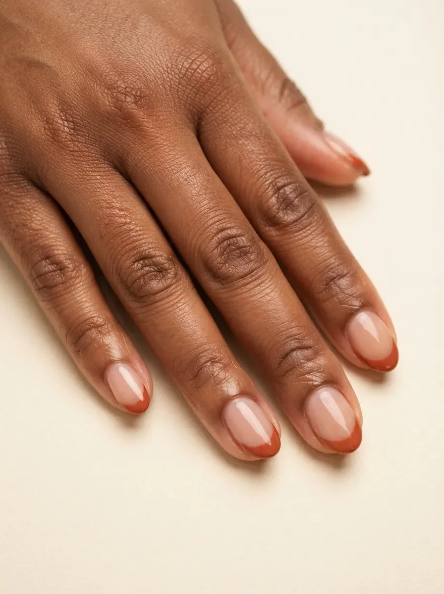 Short almond nails with muted rust orange French tips on brown skin