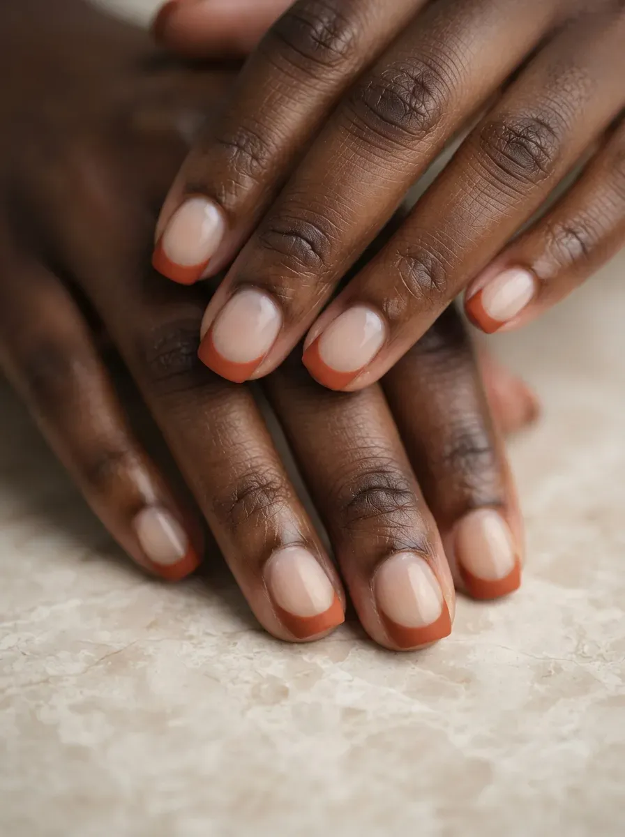 Short squoval nails with matte rust orange French tips on rich dark skin