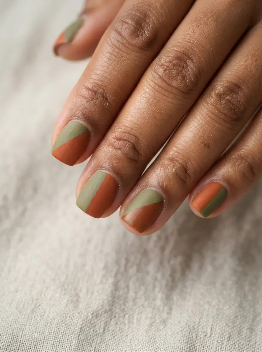 Short square nails with rust orange and olive color blocking on brown skin