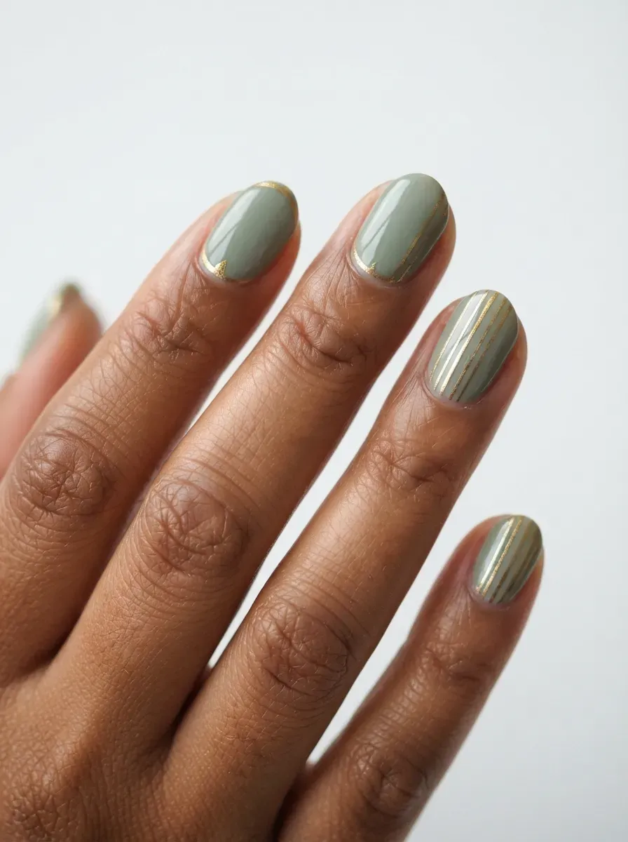 Short almond nails with sage green polish and delicate gold accent lines