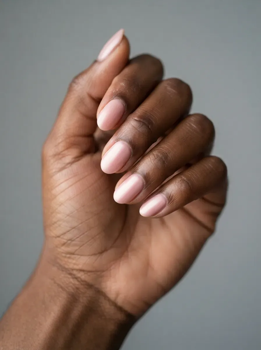 Close-up of short almond nails in satin blush polish on deep brown skin