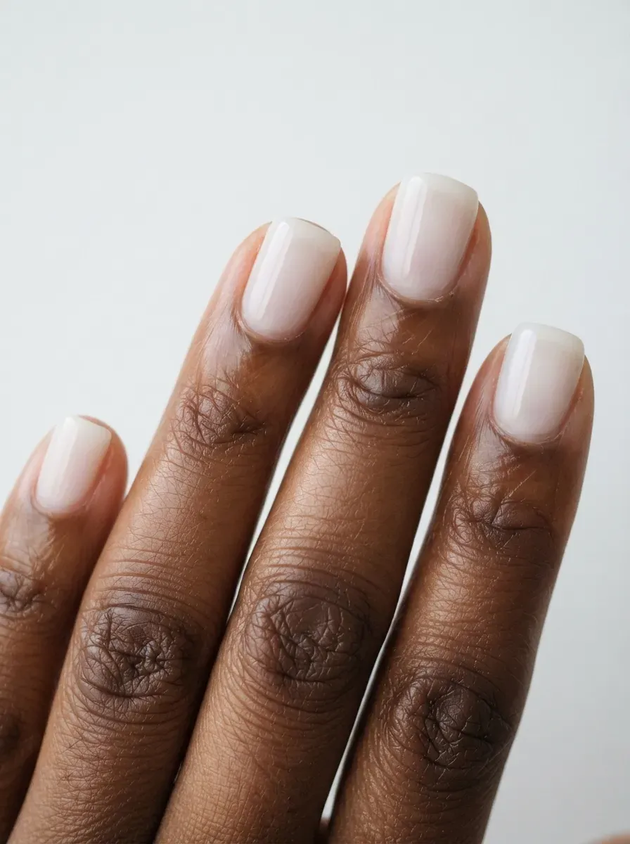 Close-up of short squoval nails with sheer milky white polish on deep brown skin