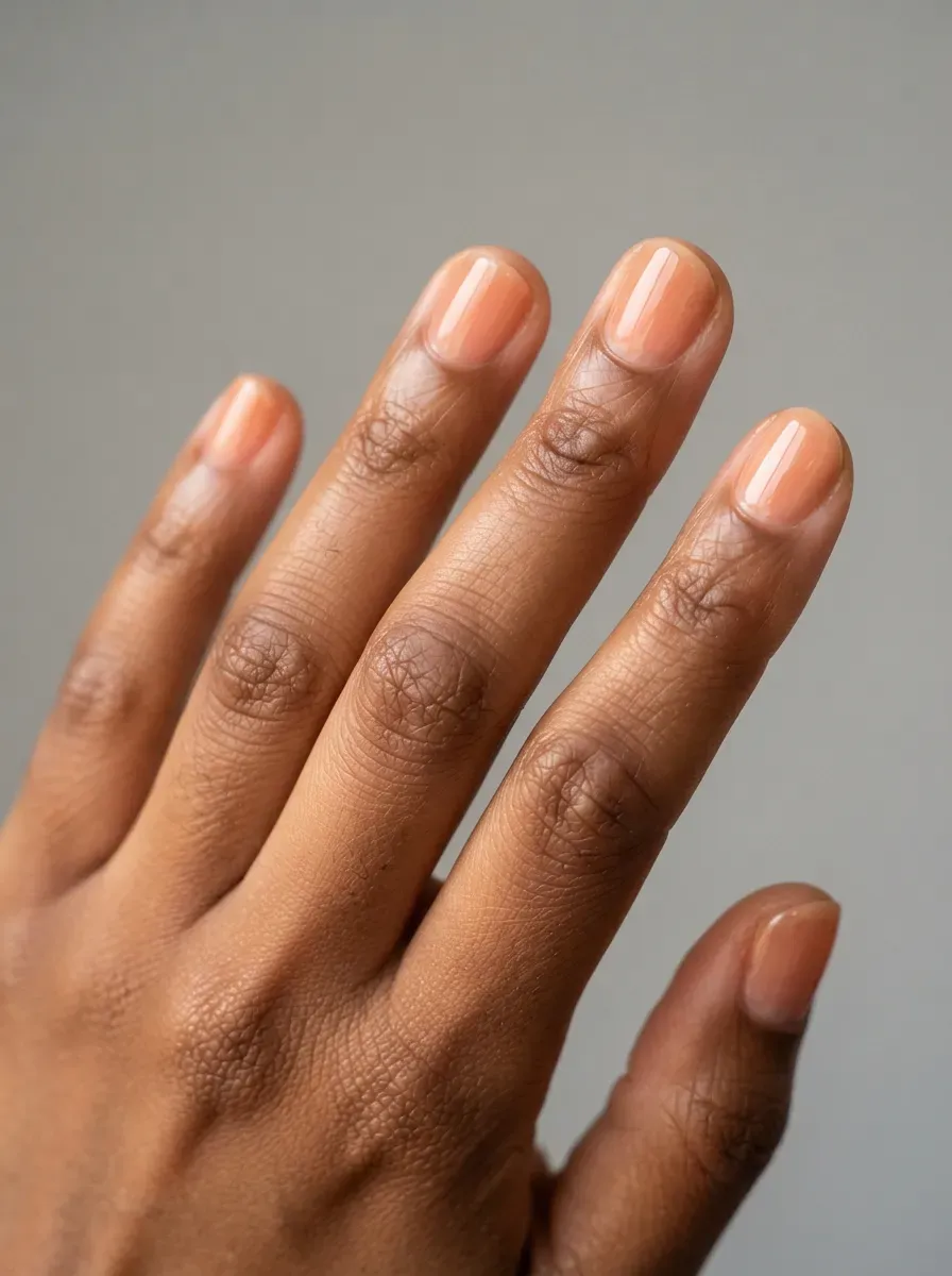 Close-up of short round nails in sheer peach polish on brown skin with warm undertones