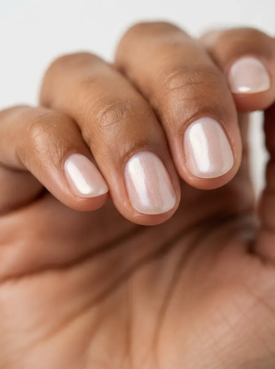 Close-up of short oval nails with sheer pearl shimmer polish on brown skin