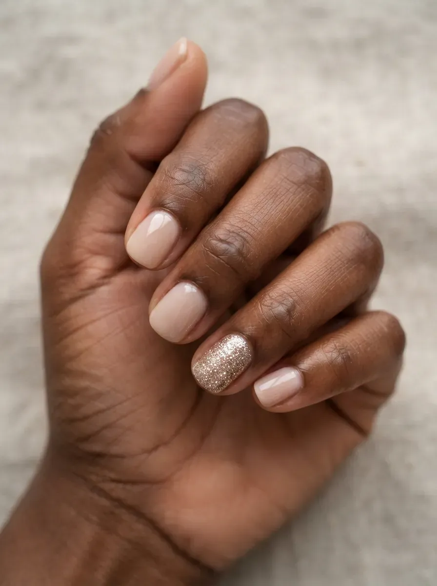 Close-up of short nude nails with champagne glitter accent nail on deep chestnut skin