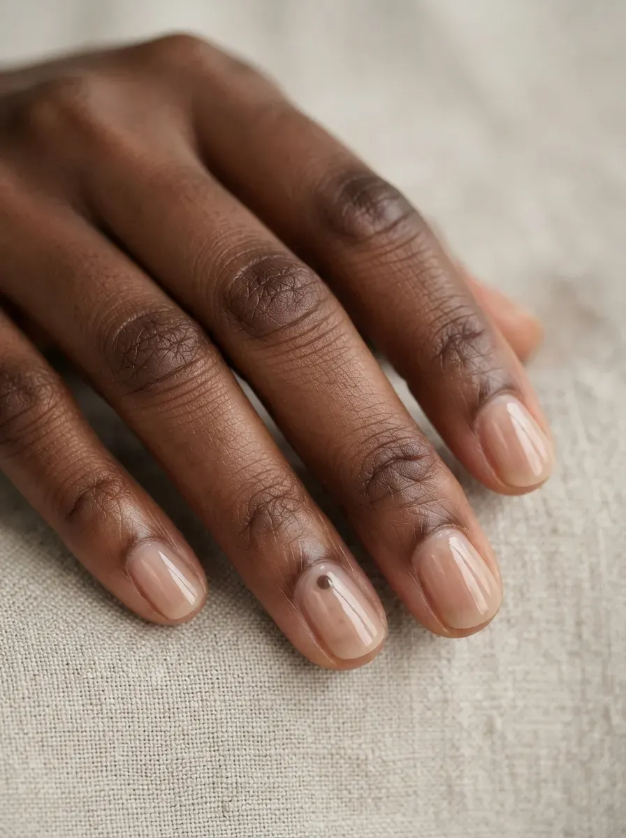 Close-up of short nails in sheer nude with single dot accent on deep chestnut skin