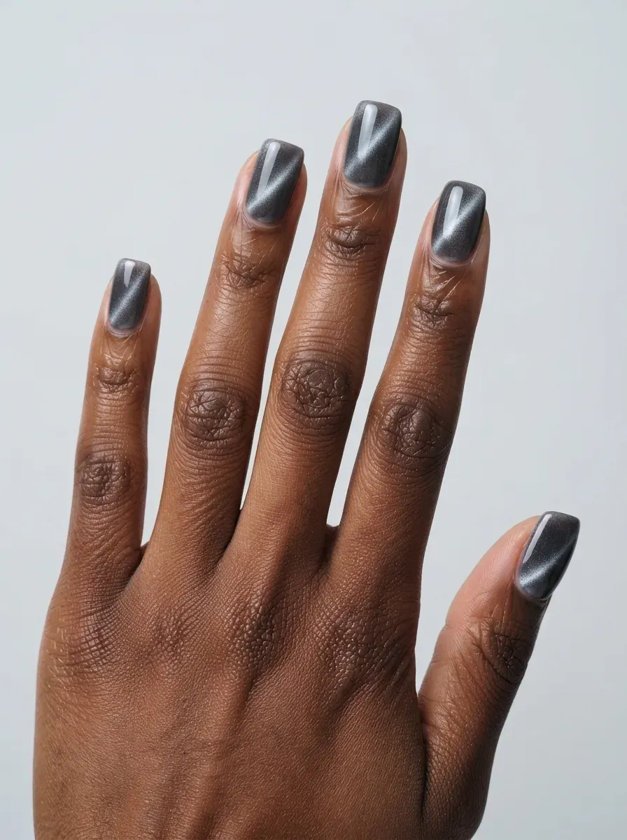 Smoky gray nails with cool silver magnetic cat-eye reflections