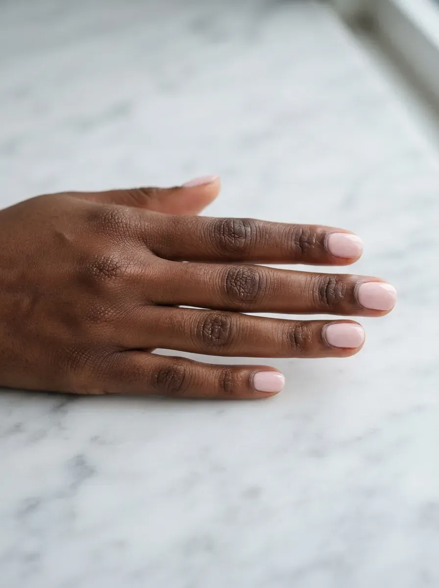 Close-up of short round nails in soft blush pink creme on rich dark skin tone