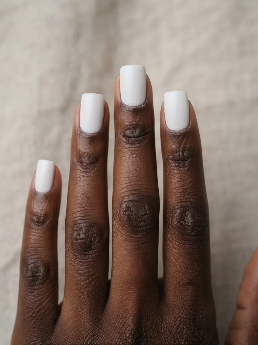 Close-up of short square nails in soft chalk white polish on rich dark skin tone