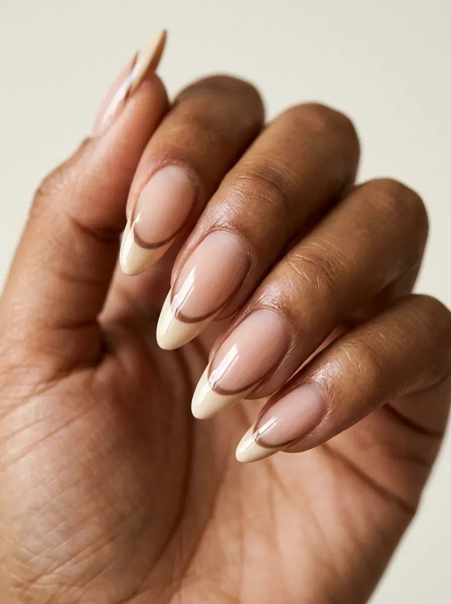 Short almond nails painted muted olive beige with glossy neutral finish