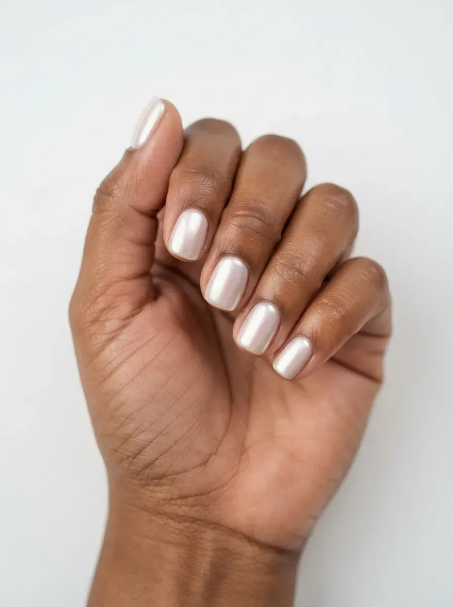 Close-up of short squoval nails with soft pearl chrome finish on warm brown skin