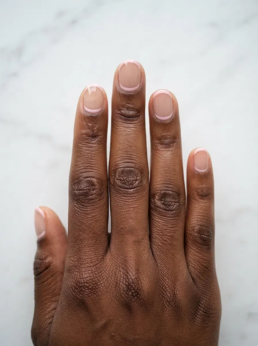 Close-up of short nails with soft pink reverse french cuticle detail on deep chestnut skin