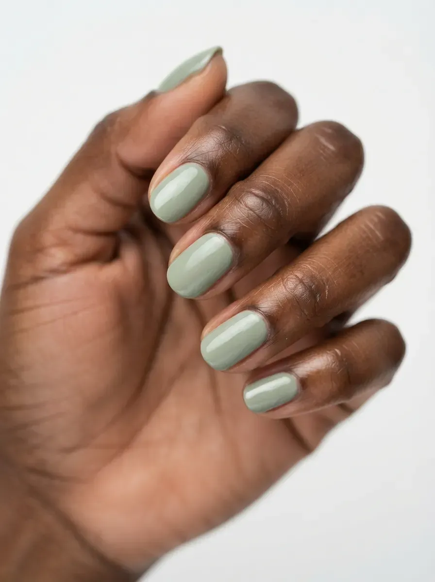 Close-up of short oval nails in soft sage green creme on rich dark skin tone