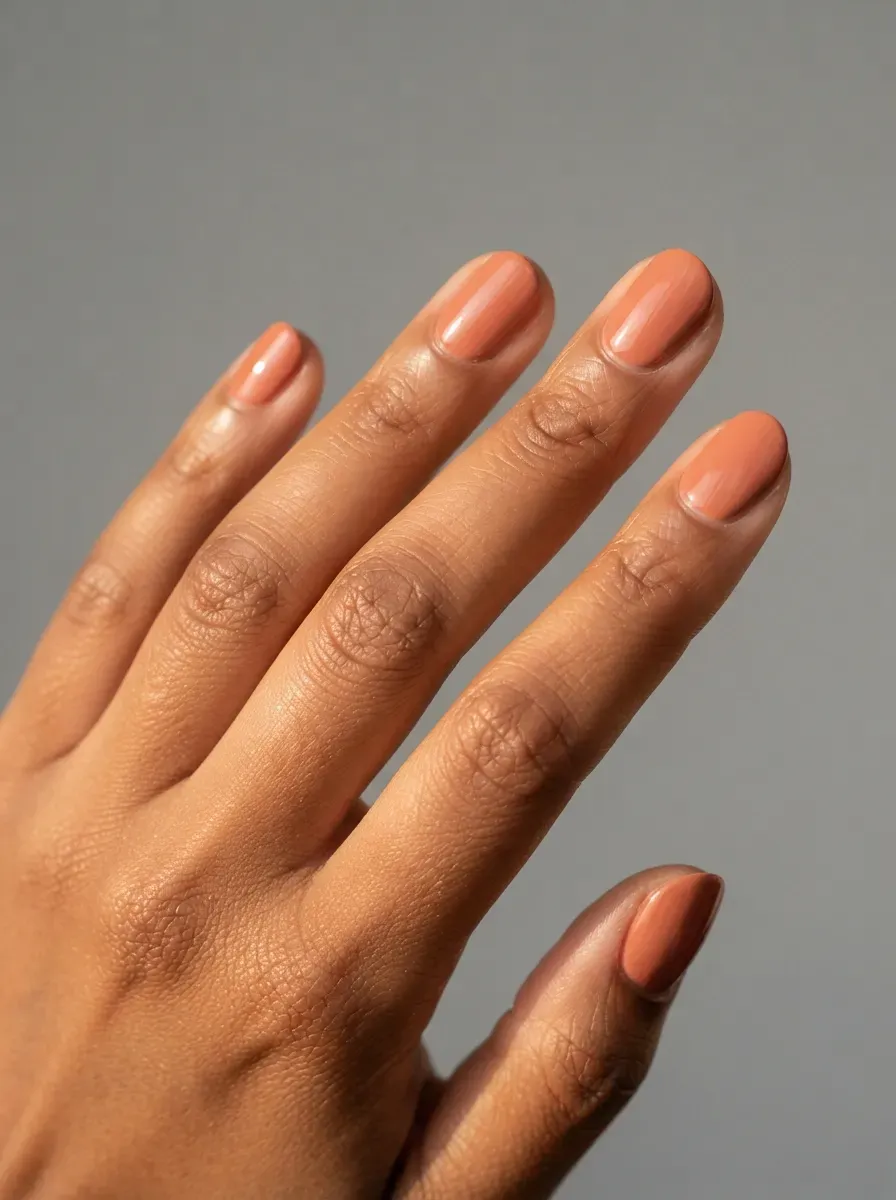 Close-up of short oval nails in soft terracotta creme on warm brown skin