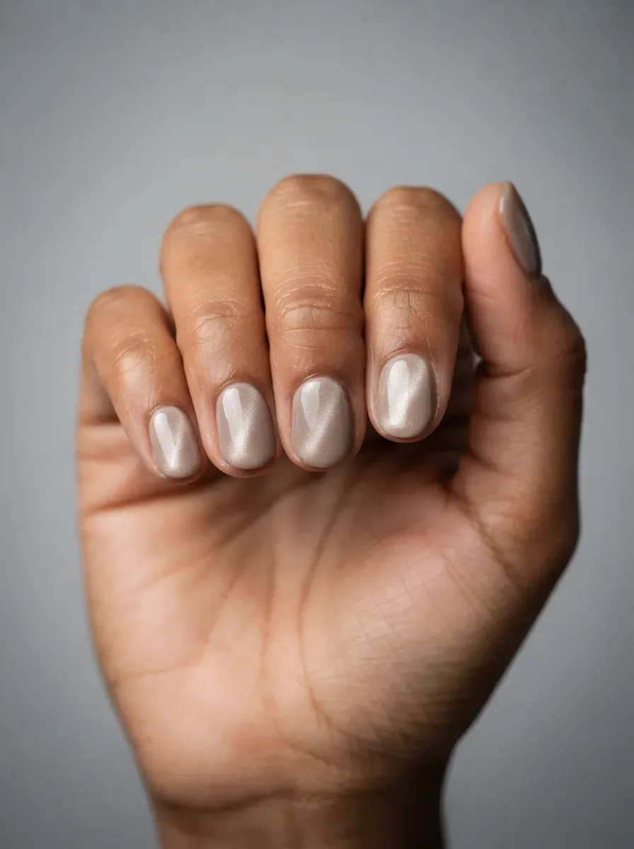 Short taupe nails with subtle silver beige magnetic cat-eye shimmer