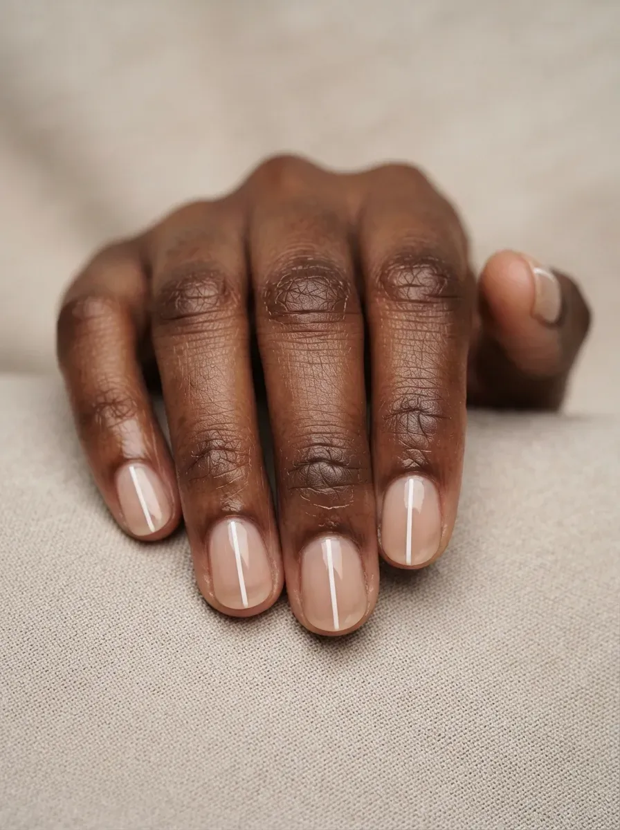 Close-up of short nails with thin white vertical stripe on sheer base