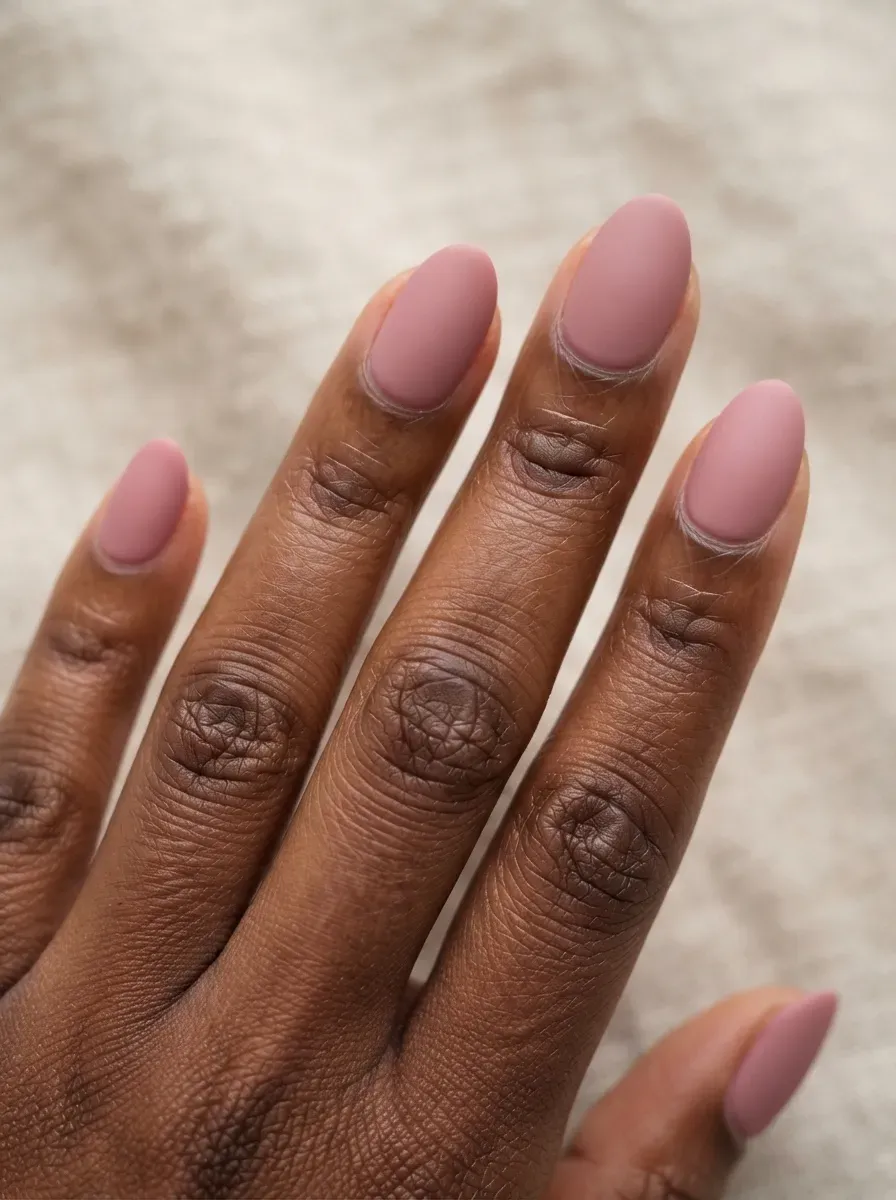 Close-up of short nude nails with tiny white daisy on ring finger