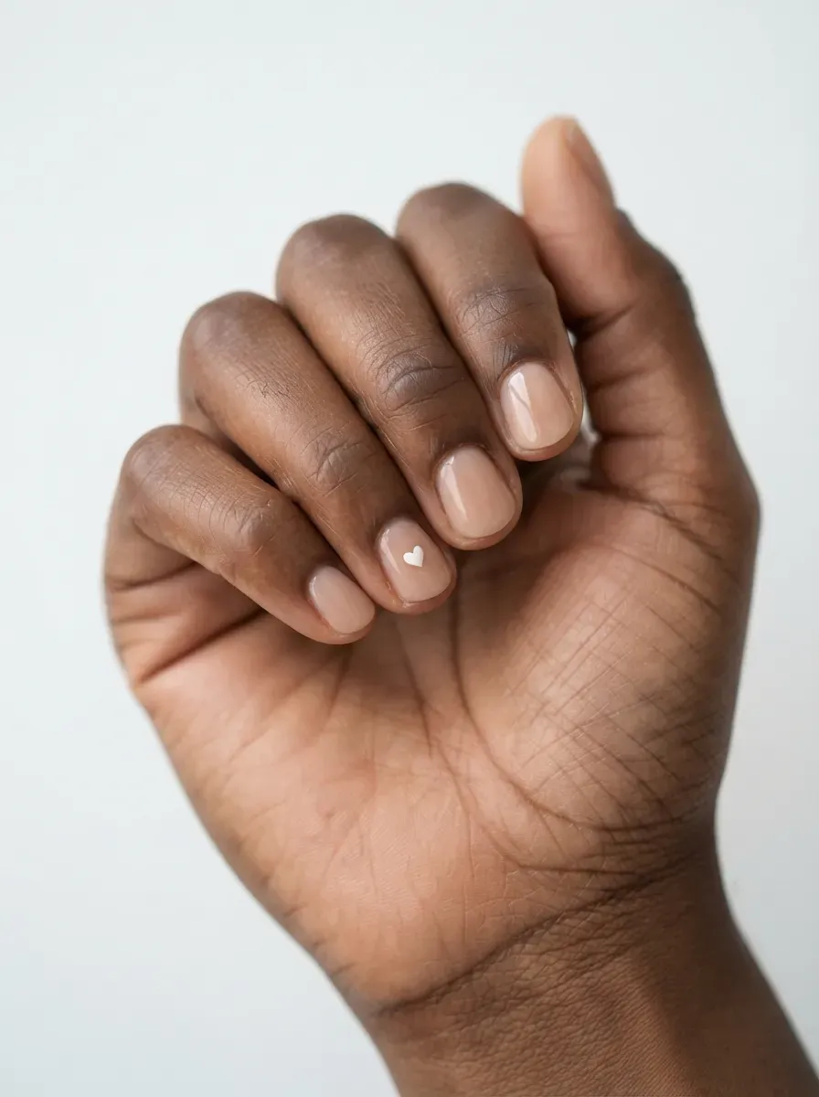 Close-up of short nude nails with tiny white heart on ring finger