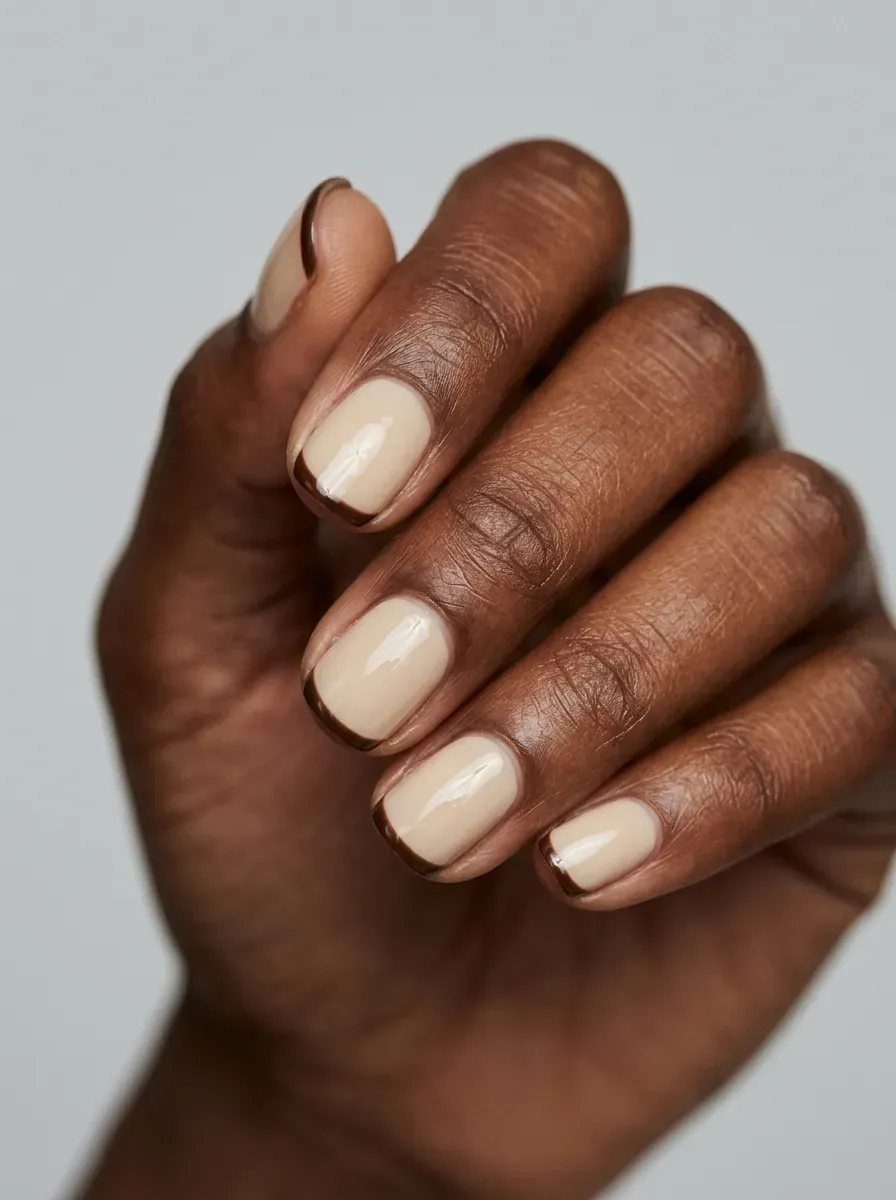 Medium almond nails with soft beige aura centers and creamy nude edges