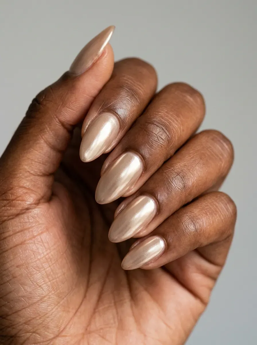 Medium almond nails with warm beige chrome finish and subtle reflective shine