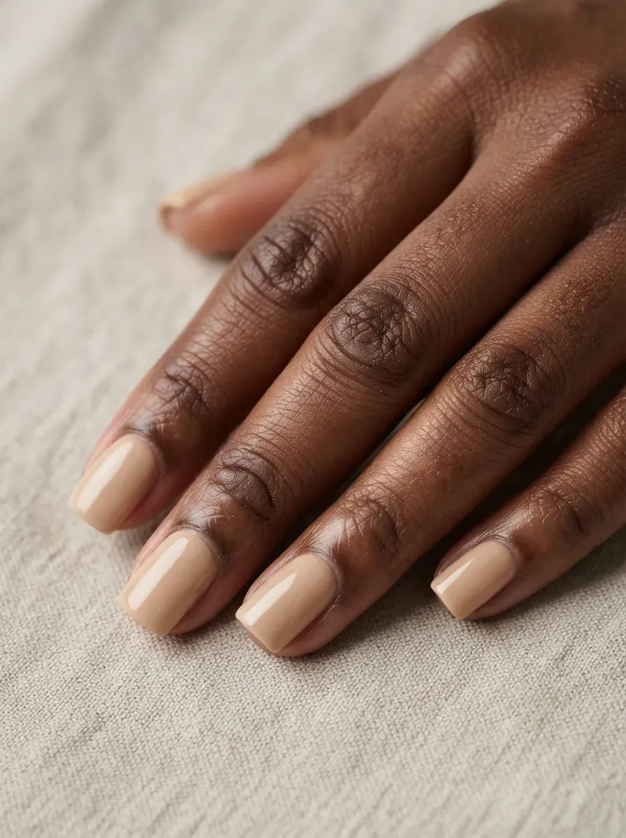 Close-up of short square nails in warm beige creme polish on deep chestnut skin