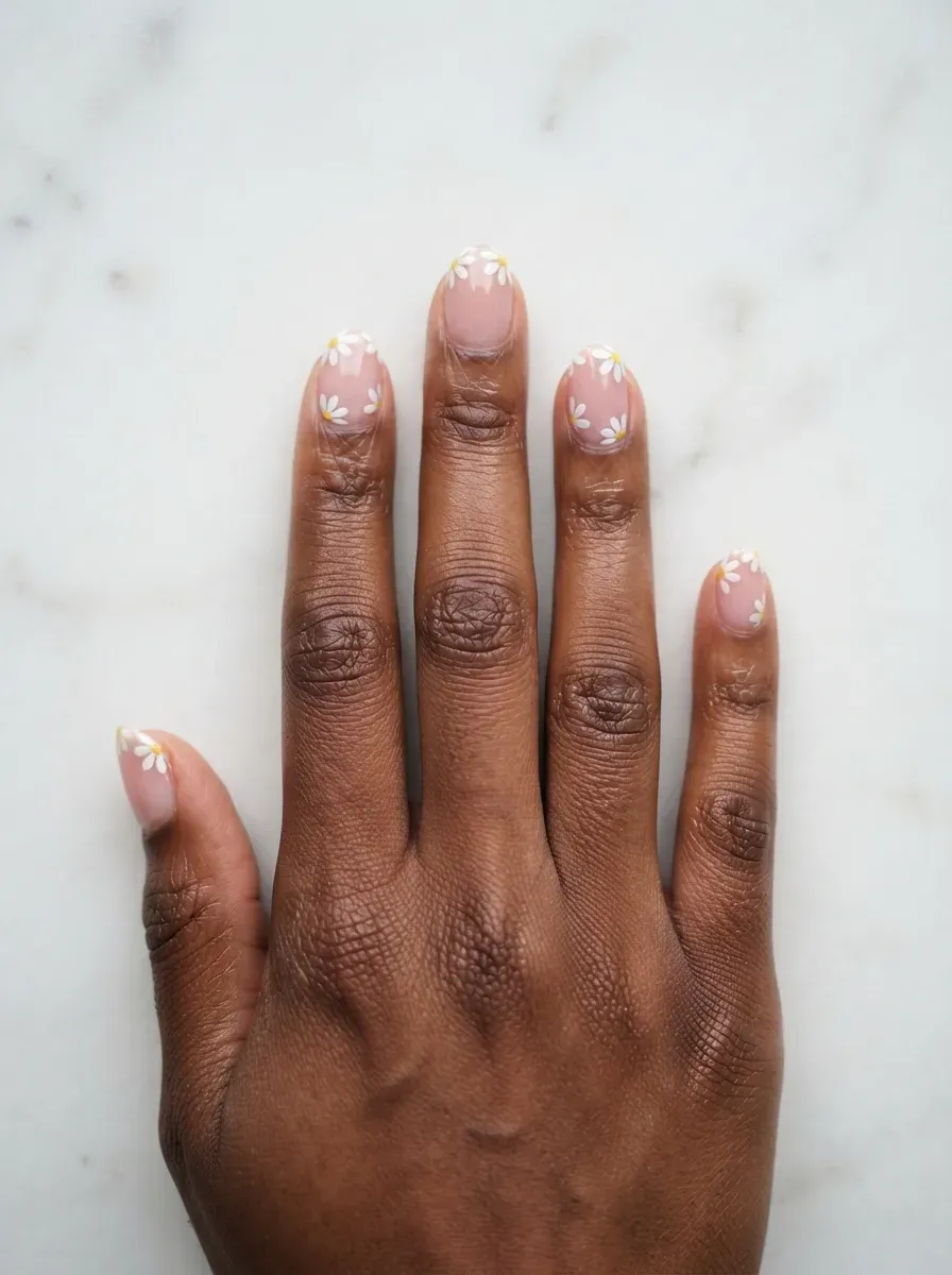 Close-up of short almond nails with white daisy tips on sheer pink base